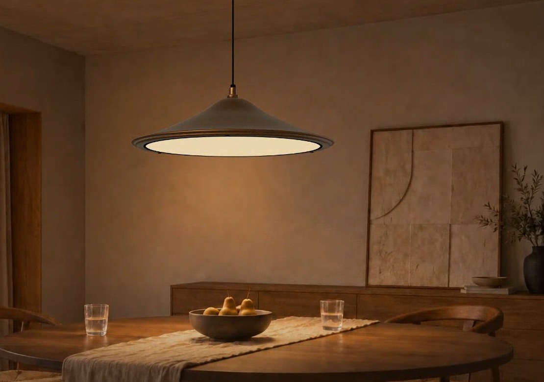 Interval concept: an illuminated pendant above a timber table in an evening interior.