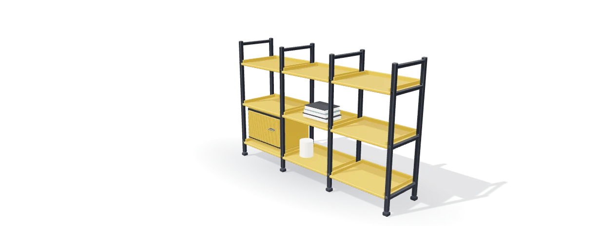 Original modular shelf concept with three bays, folded metal shelves and an enclosed storage compartment.